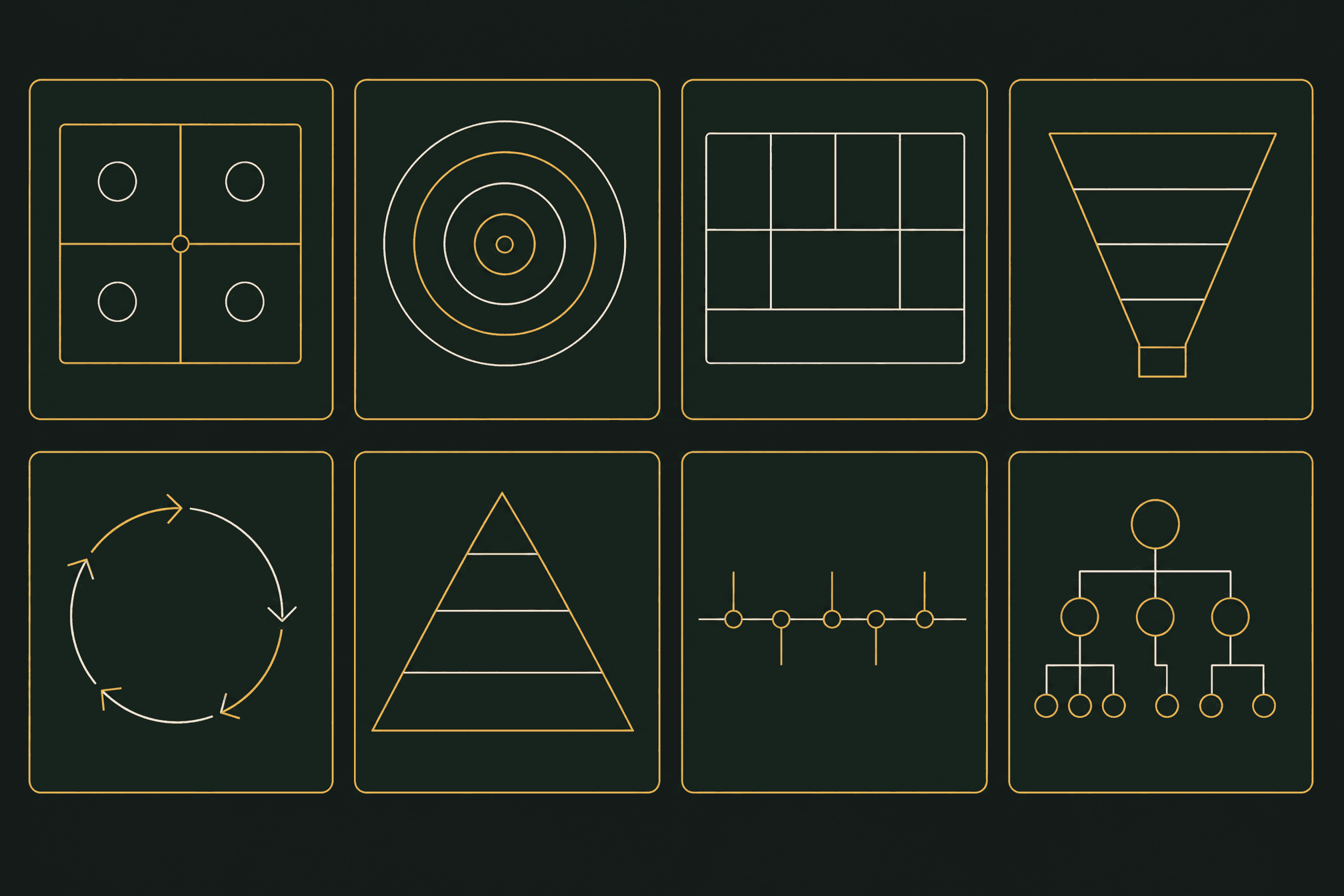 Grid of eight minimal strategy framework diagrams
